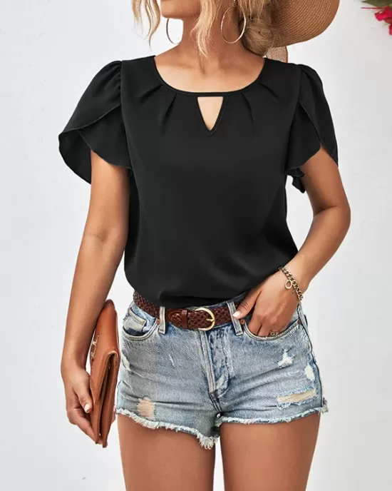 Hollow Solid Color Loose Short Sleeves Round-Neck T-Shirts Tops