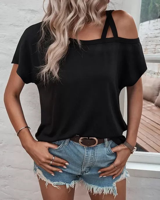 Asymmetric Solid Color Loose Short Sleeves Cold Shoulder T-Shirts