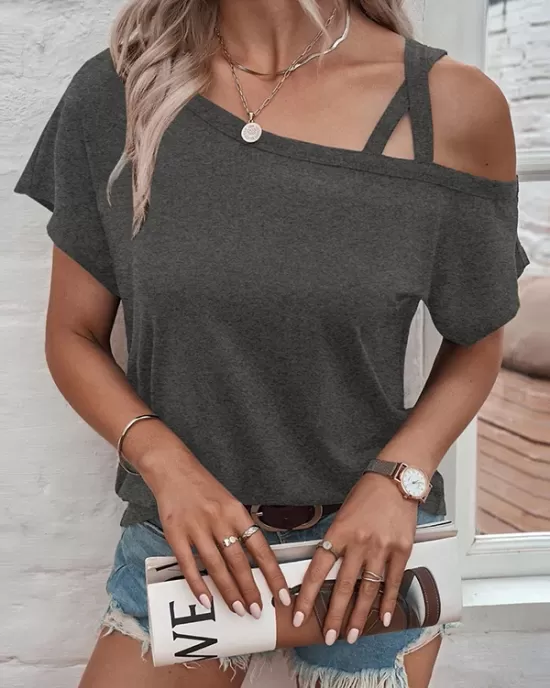 Asymmetric Solid Color Loose Short Sleeves Cold Shoulder T-Shirts