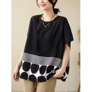 Polka Dot Split-Joint Striped Loose Short Sleeves Round-Neck T-Shirts Tops