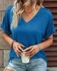 Buttoned Solid Color Loose Short Sleeves V-neck T-Shirts Tops