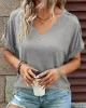 Buttoned Solid Color Loose Short Sleeves V-neck T-Shirts Tops