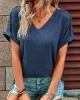 Buttoned Solid Color Loose Short Sleeves V-neck T-Shirts Tops