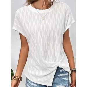 Jacquard Solid Color Split-Front Batwing Sleeves Loose Round-Neck T-Shirts Tops