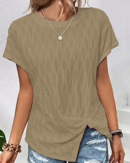 Jacquard Solid Color Split-Front Batwing Sleeves Loose Round-Neck T-Shirts Tops