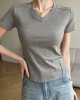 Solid Color Split-Joint Short Sleeves Skinny V-Neck T-Shirts