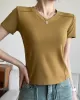 Solid Color Split-Joint Short Sleeves Skinny V-Neck T-Shirts