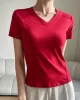 Solid Color Split-Joint Short Sleeves Skinny V-Neck T-Shirts