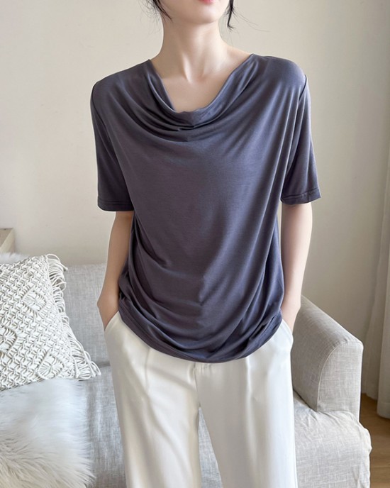 Pleated Solid Color Short Sleeves Heaps Collar T-Shirts Tops