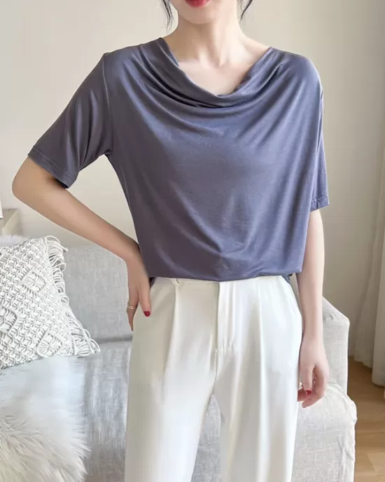 Pleated Solid Color Short Sleeves Heaps Collar T-Shirts Tops