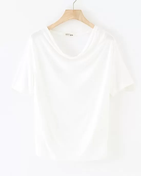 Pleated Solid Color Short Sleeves Heaps Collar T-Shirts Tops