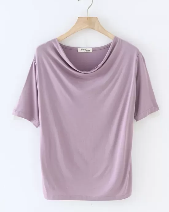 Pleated Solid Color Short Sleeves Heaps Collar T-Shirts Tops