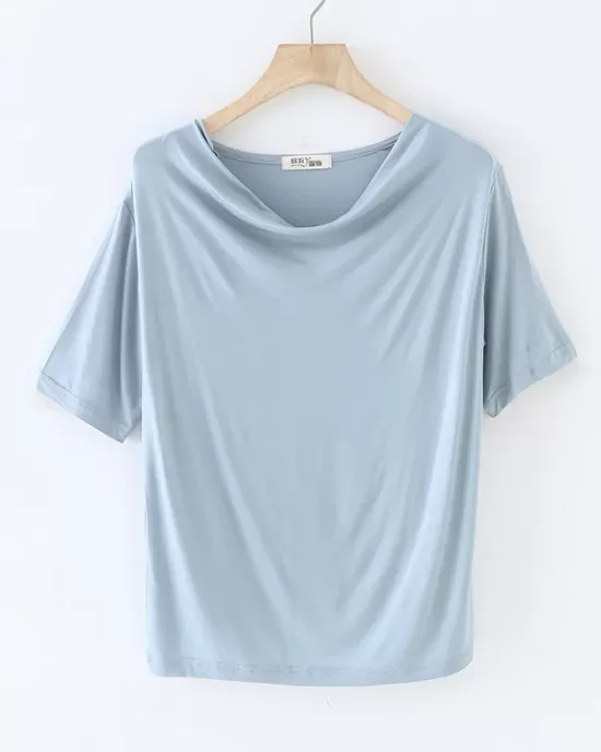 Pleated Solid Color Short Sleeves Heaps Collar T-Shirts Tops