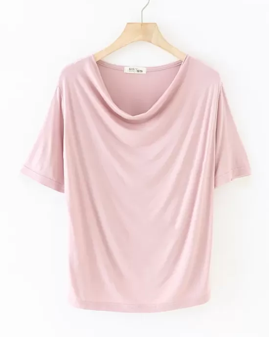 Pleated Solid Color Short Sleeves Heaps Collar T-Shirts Tops