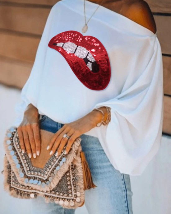 Loose Puff Sleeves Contrast Color Printed One-Shoulder T-Shirts