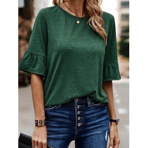 Asymmetric Buttoned Solid Color Split-Joint Ruffle Sleeves Round-Neck T-Shirts Tops