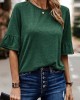 Asymmetric Buttoned Solid Color Split-Joint Ruffle Sleeves Round-Neck T-Shirts Tops