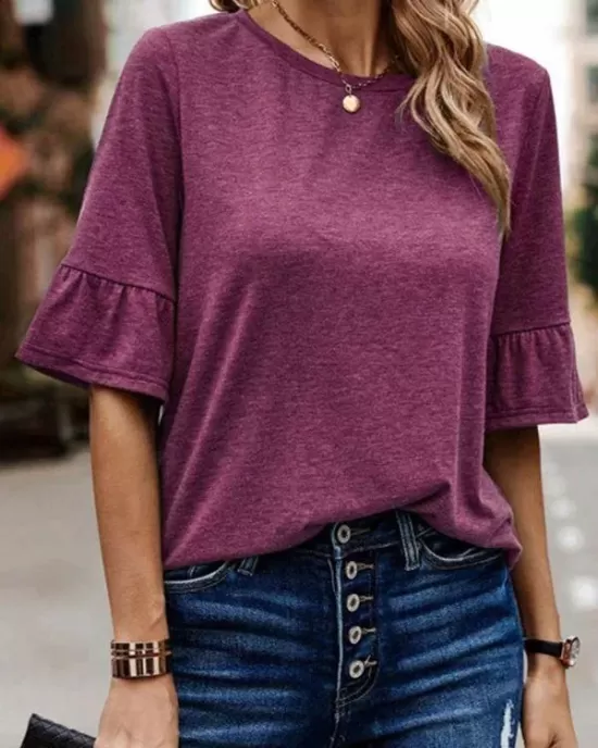 Asymmetric Buttoned Solid Color Split-Joint Ruffle Sleeves Round-Neck T-Shirts Tops