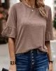 Asymmetric Buttoned Solid Color Split-Joint Ruffle Sleeves Round-Neck T-Shirts Tops