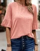 Asymmetric Buttoned Solid Color Split-Joint Ruffle Sleeves Round-Neck T-Shirts Tops