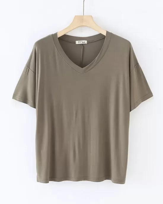 Solid Color Split-Joint Loose Short Sleeves V-neck T-Shirts Tops