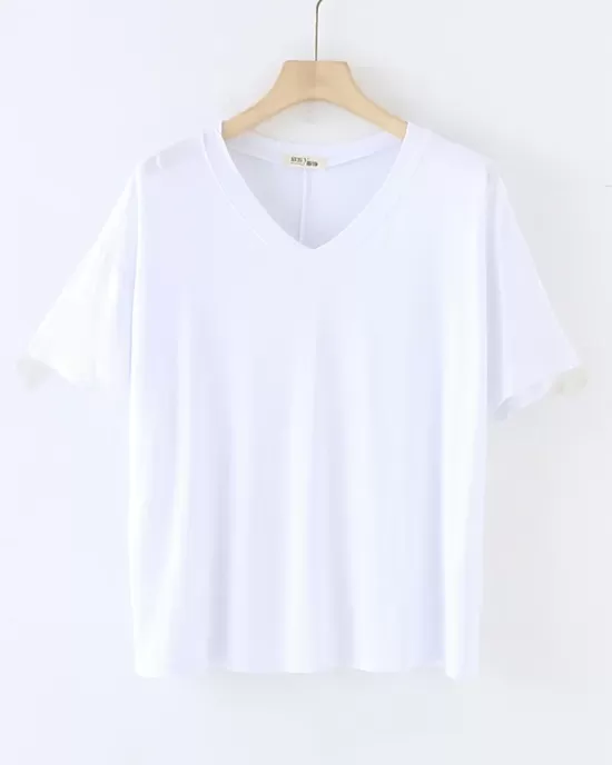 Solid Color Split-Joint Loose Short Sleeves V-neck T-Shirts Tops