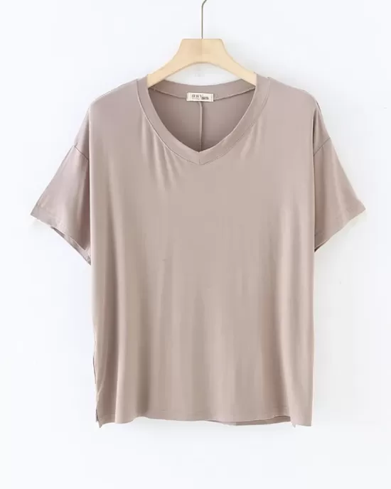 Solid Color Split-Joint Loose Short Sleeves V-neck T-Shirts Tops