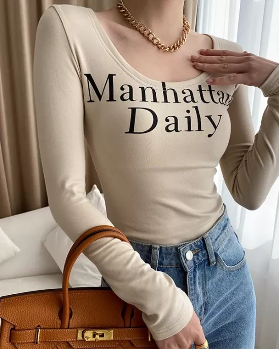 Letter Print Long Sleeves Skinny U-Neck T-Shirts