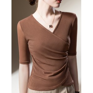 Asymmetric Pleated Solid Color Split-Joint Half Sleeves Plus Size V-Neck T-Shirts Tops