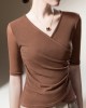 Asymmetric Pleated Solid Color Split-Joint Half Sleeves Plus Size V-Neck T-Shirts Tops