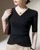 Asymmetric Pleated Solid Color Split-Joint Half Sleeves Plus Size V-Neck T-Shirts Tops