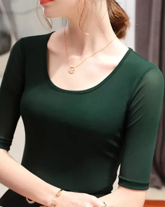 Gauze Solid Color Half Sleeves Plus Size Round-Neck T-Shirts Tops