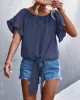 Elasticity Falbala Pleated Solid Color Tied Loose Short Sleeves Round-Neck T-Shirts Tops