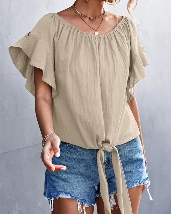 Elasticity Falbala Pleated Solid Color Tied Loose Short Sleeves Round-Neck T-Shirts Tops