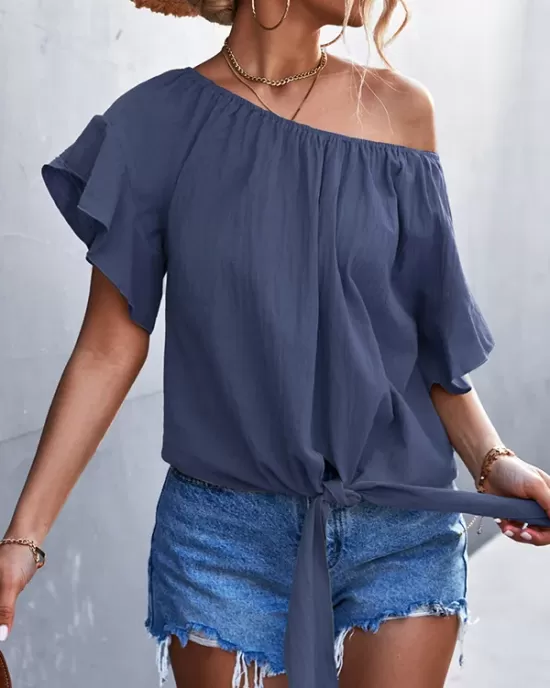 Elasticity Falbala Pleated Solid Color Tied Loose Short Sleeves Round-Neck T-Shirts Tops