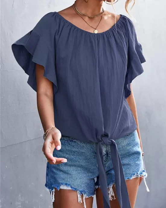 Elasticity Falbala Pleated Solid Color Tied Loose Short Sleeves Round-Neck T-Shirts Tops