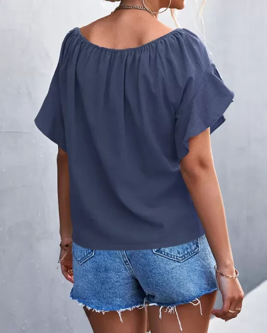 Elasticity Falbala Pleated Solid Color Tied Loose Short Sleeves Round-Neck T-Shirts Tops