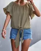 Elasticity Falbala Pleated Solid Color Tied Loose Short Sleeves Round-Neck T-Shirts Tops