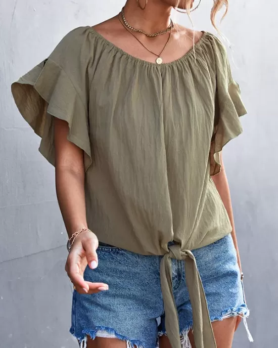 Elasticity Falbala Pleated Solid Color Tied Loose Short Sleeves Round-Neck T-Shirts Tops