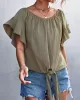 Elasticity Falbala Pleated Solid Color Tied Loose Short Sleeves Round-Neck T-Shirts Tops