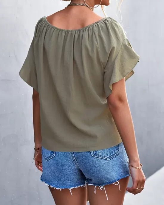 Elasticity Falbala Pleated Solid Color Tied Loose Short Sleeves Round-Neck T-Shirts Tops