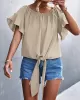 Elasticity Falbala Pleated Solid Color Tied Loose Short Sleeves Round-Neck T-Shirts Tops