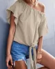 Elasticity Falbala Pleated Solid Color Tied Loose Short Sleeves Round-Neck T-Shirts Tops