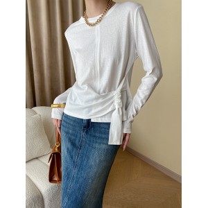 Asymmetric Bowknot Solid Color Long Sleeves Round-Neck T-Shirts Tops