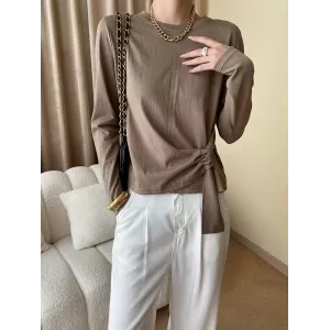 Asymmetric Bowknot Solid Color Long Sleeves Round-Neck T-Shirts Tops