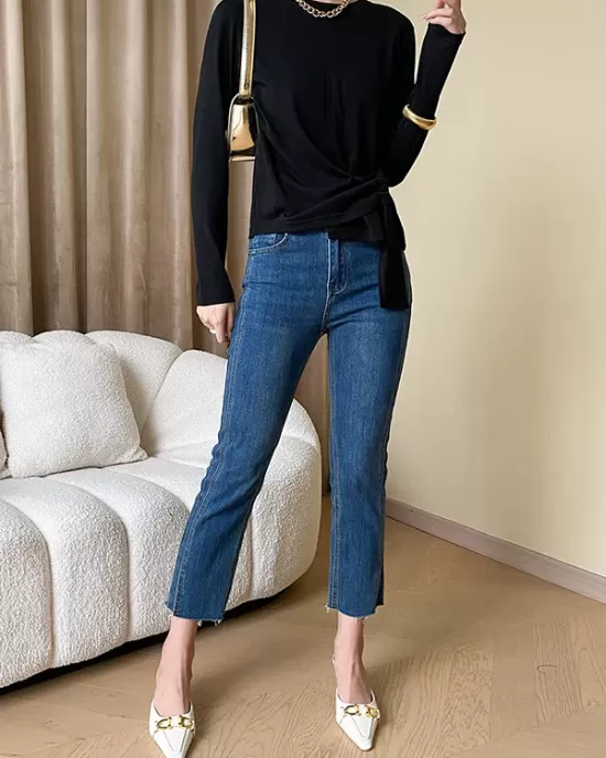 Asymmetric Bowknot Solid Color Long Sleeves Round-Neck T-Shirts Tops