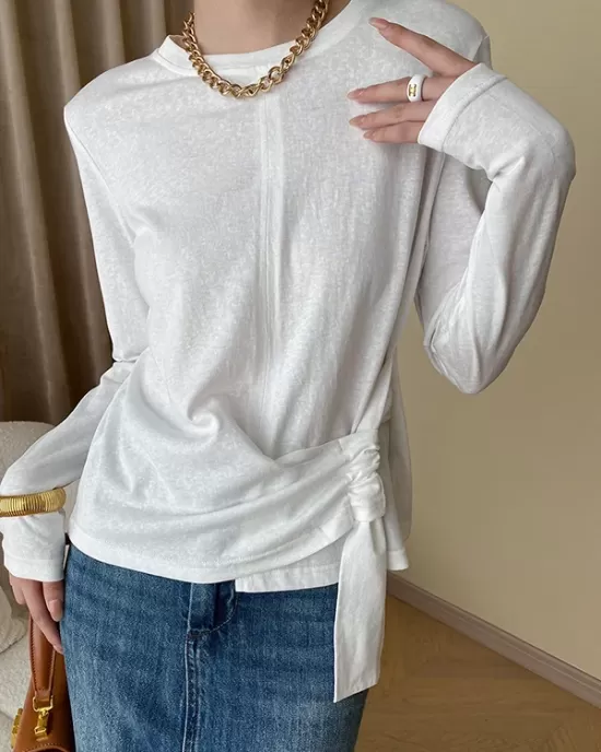 Asymmetric Bowknot Solid Color Long Sleeves Round-Neck T-Shirts Tops