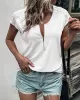 Hollow Solid Color Zipper Short Sleeves Round-Neck T-Shirts Tops