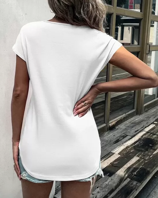 Hollow Solid Color Zipper Short Sleeves Round-Neck T-Shirts Tops