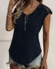 Hollow Solid Color Zipper Short Sleeves Round-Neck T-Shirts Tops